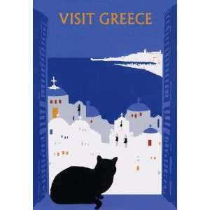  CAT: VISIT GREECE Travel Poster with Black Cat 24 X 34 