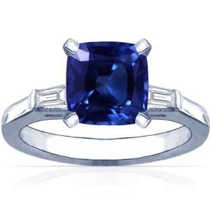  18K White Gold Cushion Cut Blue Sapphire Three Stone Ring 