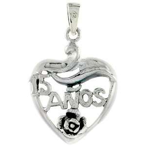 925 Sterling Silver Quinceanera 15 Anos Heart Cut Out w/ Rose Pendant 
