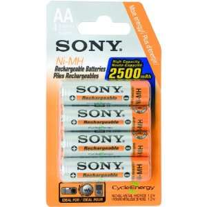  Sony 2500 mAh AA Rechargeable Nimh Batteries, 4 pack 