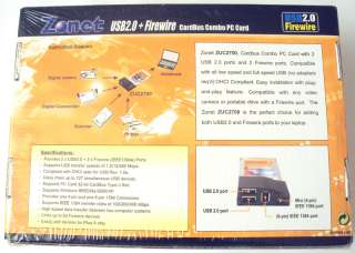 Zonet USB 2.0 + Firewire CardBus Combo PC Card ZUC2700 Brand New 