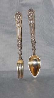 Pair Antique French Sterling Silver Gilt Fork Spoon  
