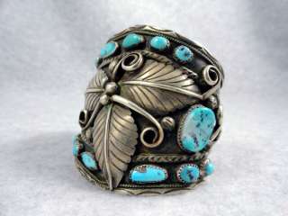 HUGE vintage Navajo sterling silver bracelet turquoise design Old Pawn 