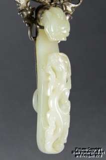 Chinese Nephrite Jade Plaque & Belt Hook Mounted in Silver Hand Mirror 