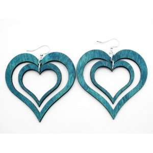  Teal Double Heart wooden Earrings GTJ Jewelry