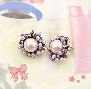 Big Fashion Lovely Multicolor Rhinestone Pink Pearl Beads Stud 