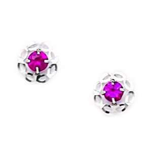 14k White Gold Red CZ Small Flower Screwback Earrings   Measures 7x7mm 
