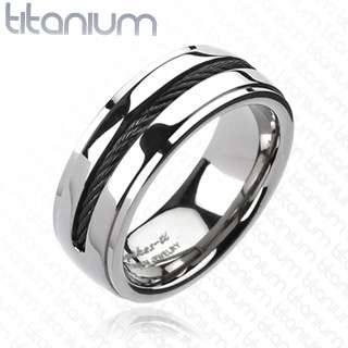Mens solid titanium ring with Black IP Chain Inlay comfort fit 