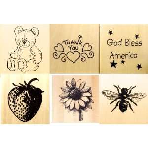  Set of 6 Wood Mounted Rubber Stamps   Teddy Bear, Thank 