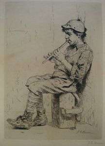 John George Brown (1831 1913) Boy with Flute Etching  