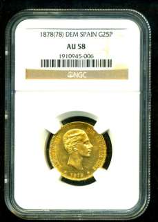 1878 ( 78 ) SPAIN GOLD COIN 25 PESETAS * NGC CERTIFIED & GRADED RARE 