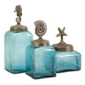 Set of 3 Ocean Blue Glass Canister Jars with Starfish, Seahorse and 