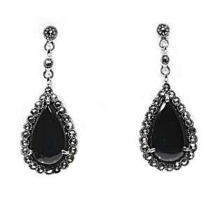   Sterling Silver Earrings Black Onyx, Marcasite Dangle Earring Jewelry