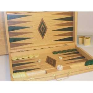  Oak Backgammon, Green/Natural inlaid board, no cups, 1.3 