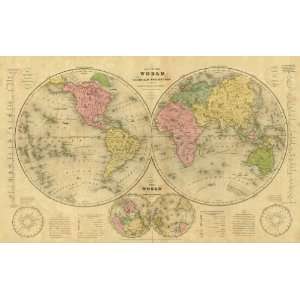   : Olney 1844 Antique Map of the World in Hemispheres: Office Products