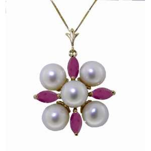  14k Solid Gold 18 Cluster Pearl Necklace with Rubies 