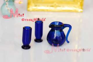 12 Dollhouse Miniature Blue Juice Pot w/ Goblet Set  