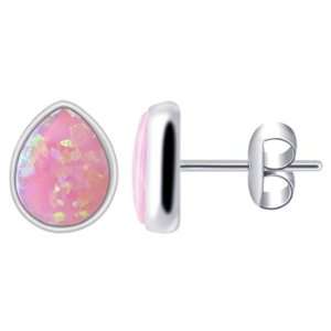   Silver Pear Shape Created Pink Opal 9mm x 7mm Stud Earrings: Jewelry