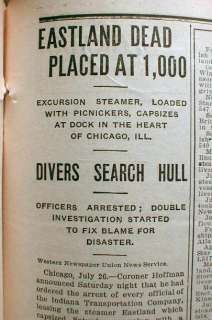 1915 newspaper SS EASTLAND   WORST SHIP DISASTER on GREAT LAKES 