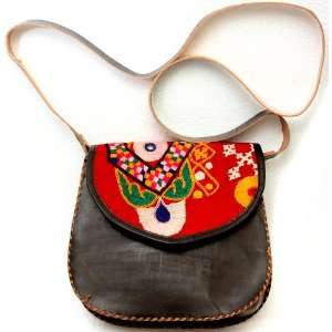 Coffee Leather Handbag from Ajmer with Hand Ari Embroidery and Mirrors 