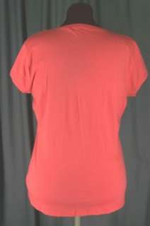 TAHARI Red Coral w/ Gold Foil V Neck Cap Sleeves Cotton T Shirt Top XL 