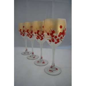   Hand painted Wine Glasses. (Gold Berries N Branches) 4 Wine Glasses