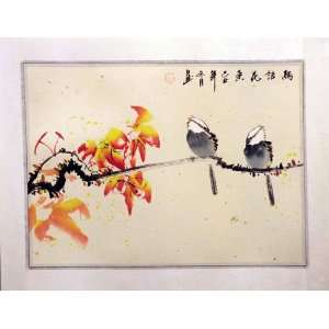   with Fall Leaves   Original Hand Painted Watercolor Art on Rice Paper