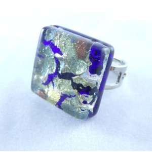    Blue Gold Square Venetian Murano Glass Adjustable Ring Jewelry