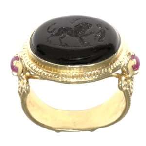   Yellow Gold Black Venetian Glass and Rubies Ring, Size 6.5: Jewelry