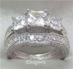 56ct AntiquePrincess 3 stone Wedding Ring Set! Size 6  