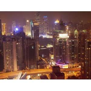 China, Shanghai, Night View of Illuminated Skyline and High Path 