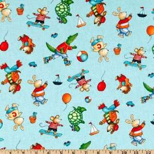  45 Wide At The Park Animals Aqua Fabric By The Yard 