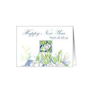  Happy New Year From All of Us White Roses Watercolor Card 