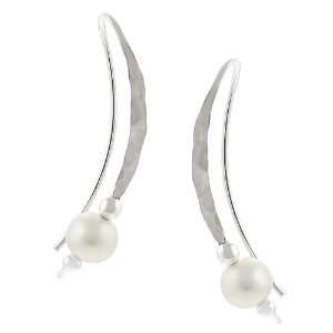    Sterling Silver Faux Pearl Hammered Unique Earrings: Jewelry