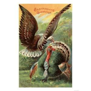  Thanksgiving Greetings   Eagle Attacking a Turkey Giclee 