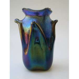    Blue Aurene Vase with leaf design. Blown Glass