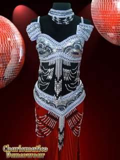   Red EXOTIC BEADED SEQUIN ARABIAN belly dance Bra+belt+Skirt Set  