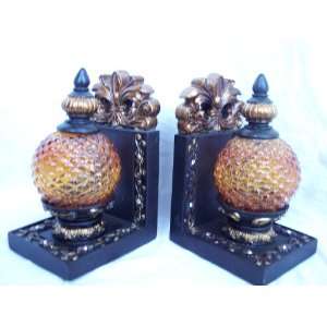 Set 2 Fleur De Lis French Tuscan Amber Glass Bookends  