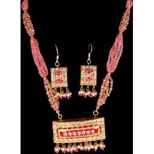 Pink Beaded Necklace and Earrings Set with Dangling Pendant   Lacquer 