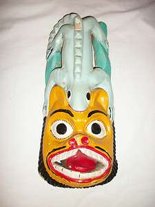 Hand Carved And Painted Mexican Tree Bark Mask Face & Iguana 6.5 x 15 