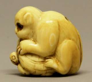 19th C Japanese Carved Ox Bone Monkey & Tortoise Netsuke  