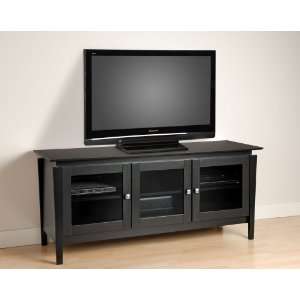   60 Inch Flat Panel LCD / Plasma TV Console with 3 Glass Doors in Black