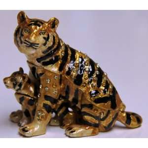  Tiger Bejeweled Trinket Jewelry Box   Mother and Cub