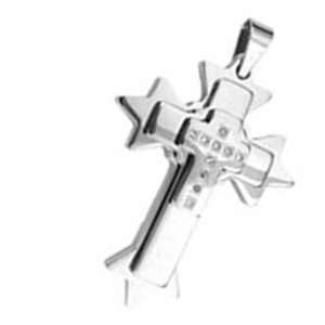 Fancy High Polished Stainless Steel Three Layer Cross Pendant with CZ 