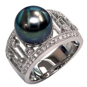   Tahitian Black Pearl and Diamond Ring R 3037W AM: Pearlzzz: Jewelry