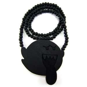 Large Wooden Mario Bros Boo Black Good Quality Wood Pendant & Chain