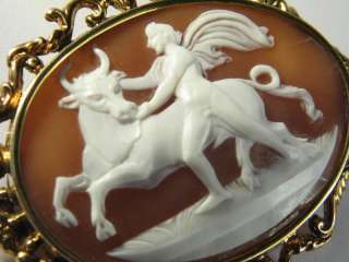   15K GOLD CARVED SHELL CAMEO THESEUS AND THE BULL PIN c1870  
