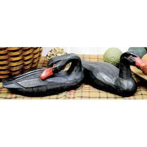    Set of 2 Primitive Wooden Carved Black Swans