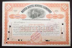 1908 NORTH BUTTE MINING COMPANY STOCK CERTIFICATE  