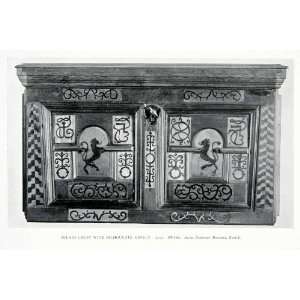  1927 Print Swiss Chest Silhouette Inlayed Wood Carving 